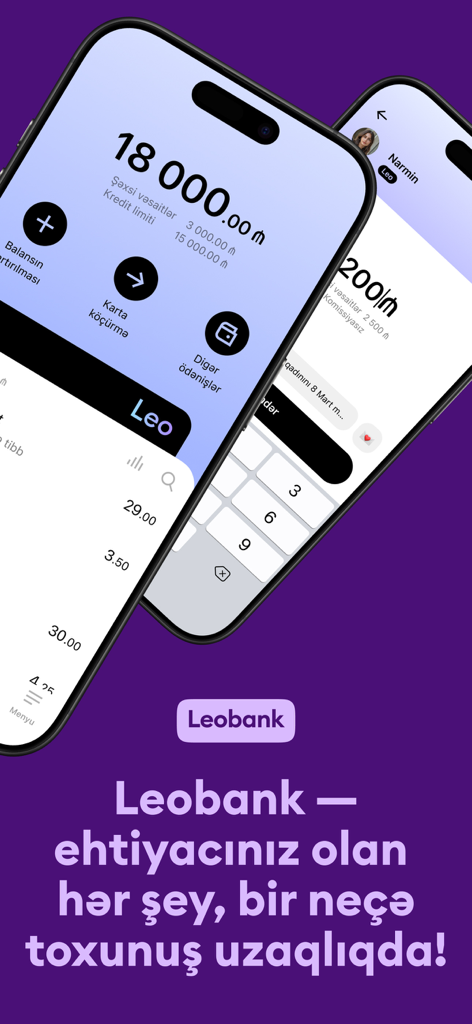 Leobank mobile banking application interface shown on two smartphones over a purple background