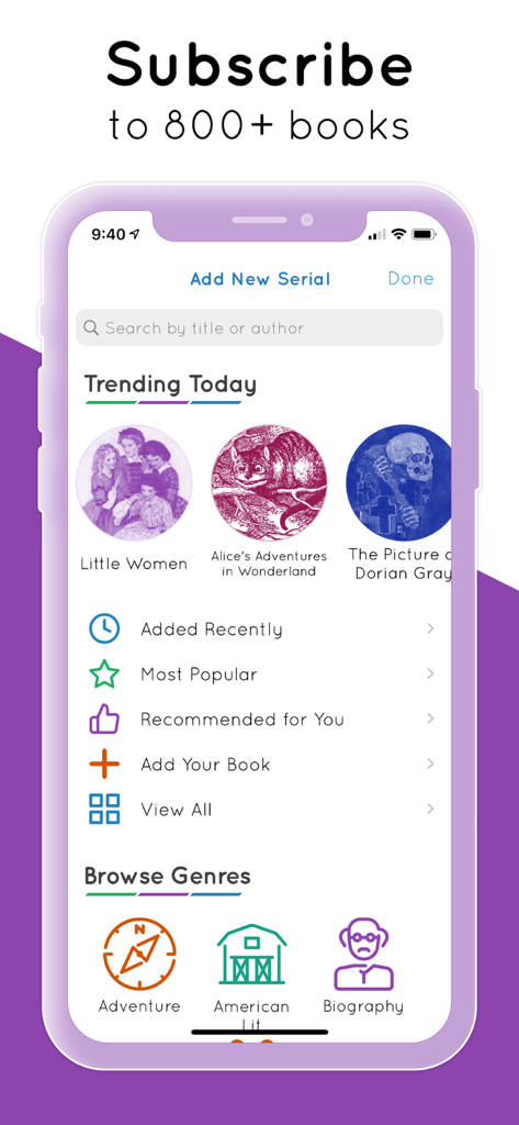 '작은 아씨들'과 같은 인기 도서 및 고전 문학 탐색 카테고리가 표시된 Serial Reader 앱 화면.