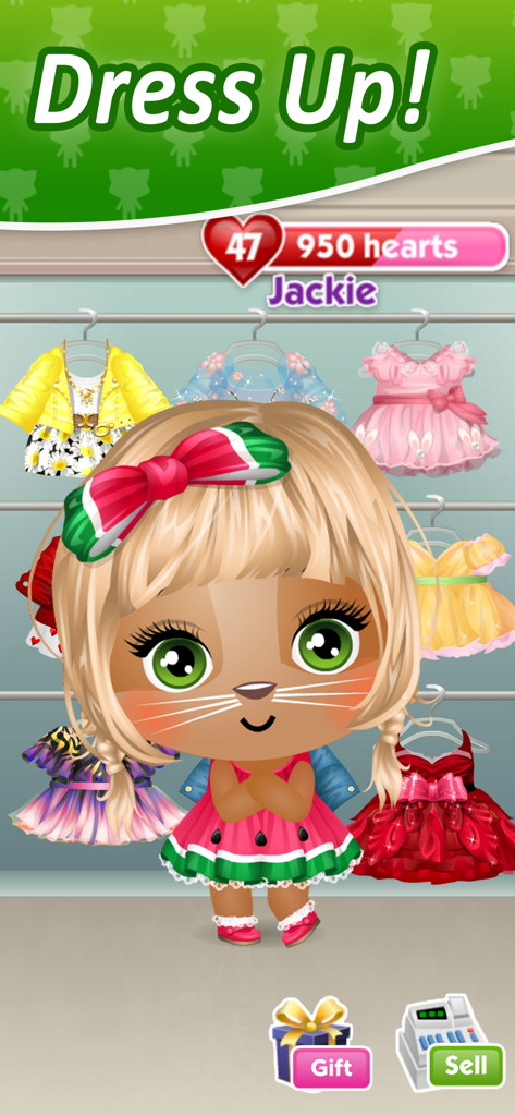 A cute virtual pet named Jackie wearing a watermelon dress in a fashion closet with various outfits