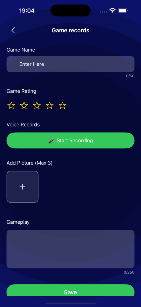 Yanidube - Yanidube app game records screen with fields for game name star rating voice recording and photos