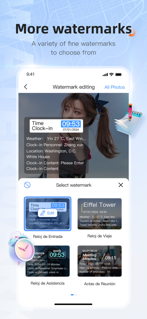 App interface displaying multiple customizable watermark templates for GPS and time data.