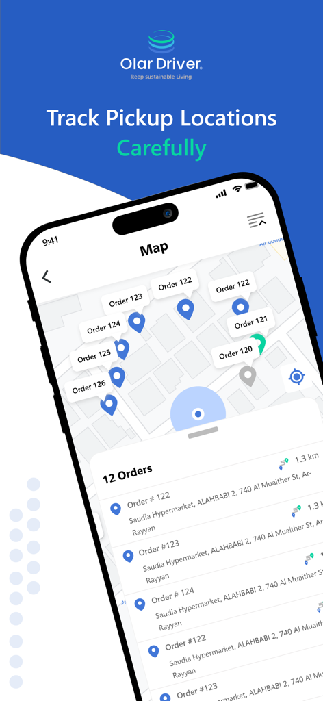Olar Driver - Interfaz de la aplicación Olar Driver que muestra un mapa con múltiples ubicaciones de recogida y una lista de pedidos