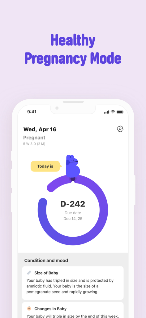 Bom Calendar app interface showing healthy pregnancy mode with a due date countdown and baby development information