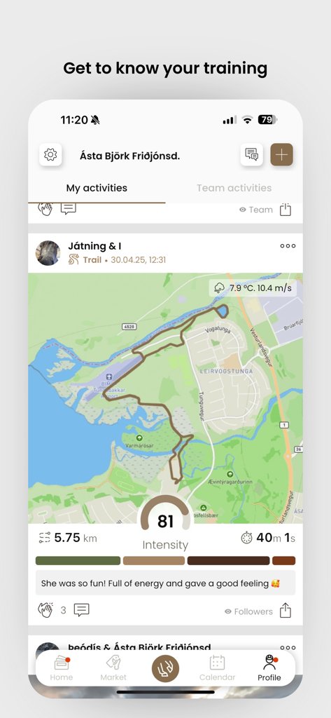 HorseDay app interface showing a GPS trail ride map with distance and intensity training stats
