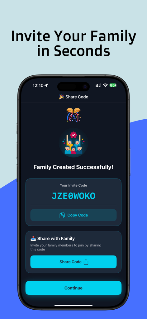 Haven: Find Phone Location - Interfaz de la app Haven para invitar a miembros de la familia con un código de intercambio único