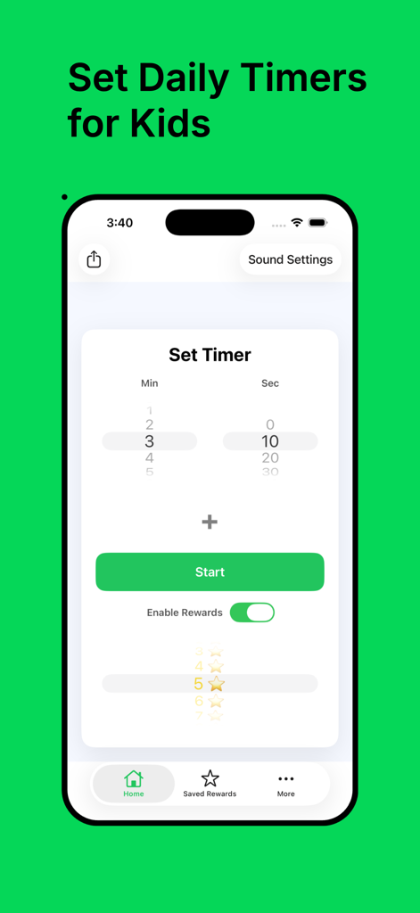 HoppityClock: Kids Timer - Interface of HoppityClock app showing the set timer screen with reward stars and duration selection for children