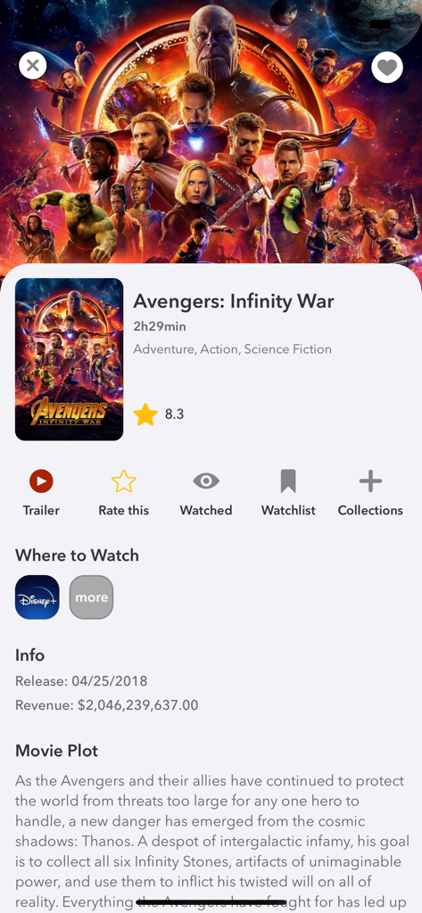 MyMovies - Catalog - MyMovies app interface displaying movie details for Avengers Infinity War including rating and plot summary