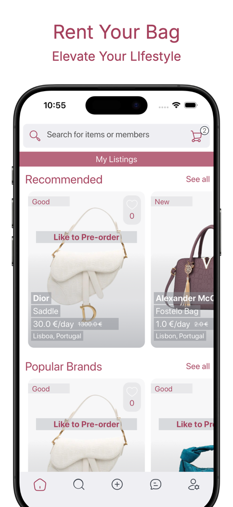 Una interfaz de aplicación móvil para Rent Your Bag que muestra bolsos de diseñador como Dior en alquiler con precios diarios y categorías de marca.