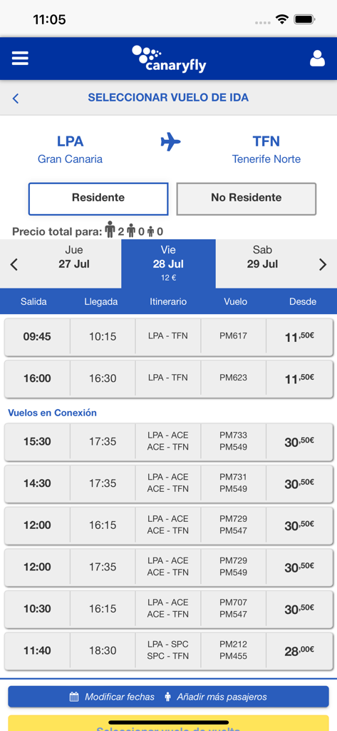 Canaryfly - Pantalla de selección de vuelos de la app Canaryfly mostrando rutas de Gran Canaria a Tenerife