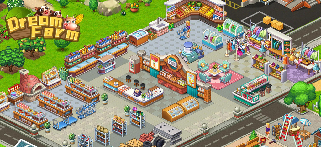Dream Farm : Harvest Day - Interior de um supermercado no jogo em Dream Farm Harvest Day mostrando seções de padaria, frutas e roupas.