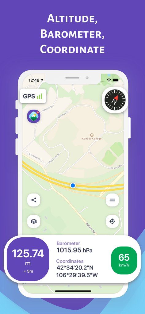 Altimeter Pro: Compass, GPS - Altimeter Pro app interface showing altitude barometer and GPS coordinates on a detailed map