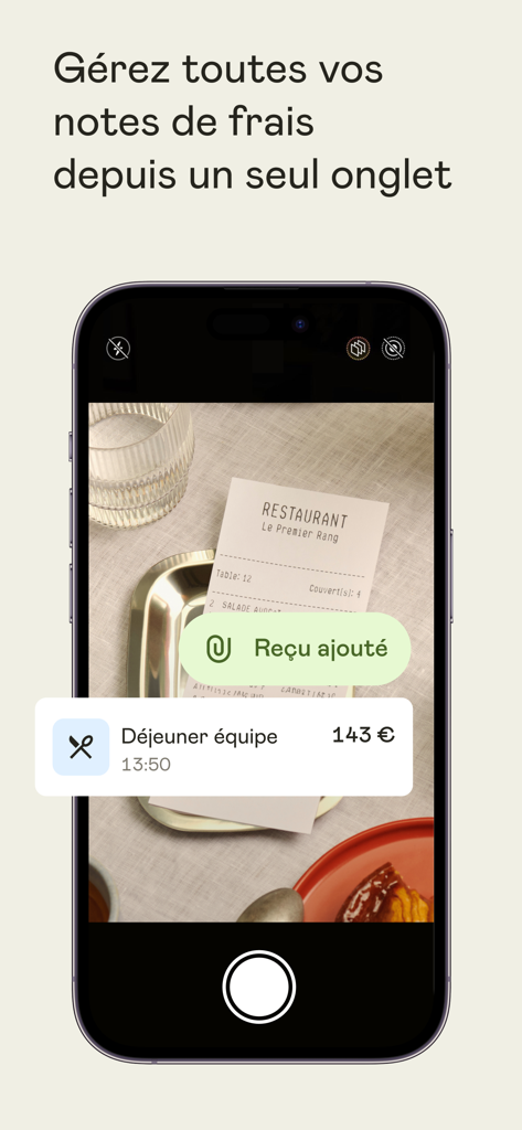 Shine - Compte pro en ligne - Interface de l'application Shine pour scanner un reçu professionnel et gérer les dépenses