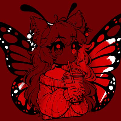a realistic butterfly/furry girl drinking boba
