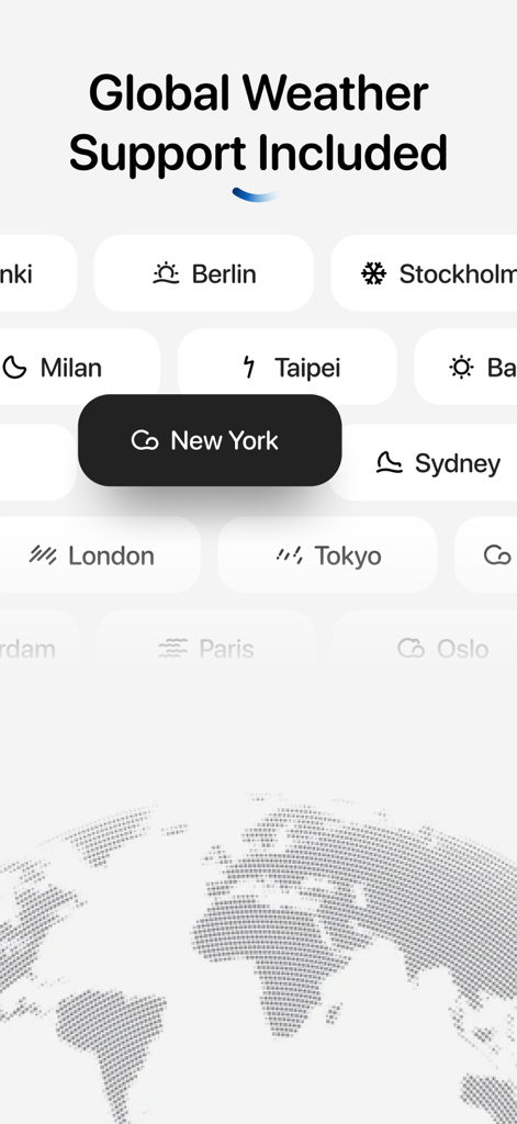 Interfaz de aplicación meteorológica minimalista que muestra soporte para ciudades globales y un mapa mundial punteado