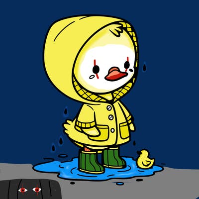 baby duck in a rain coat and boots, in a puddle while it’s raining