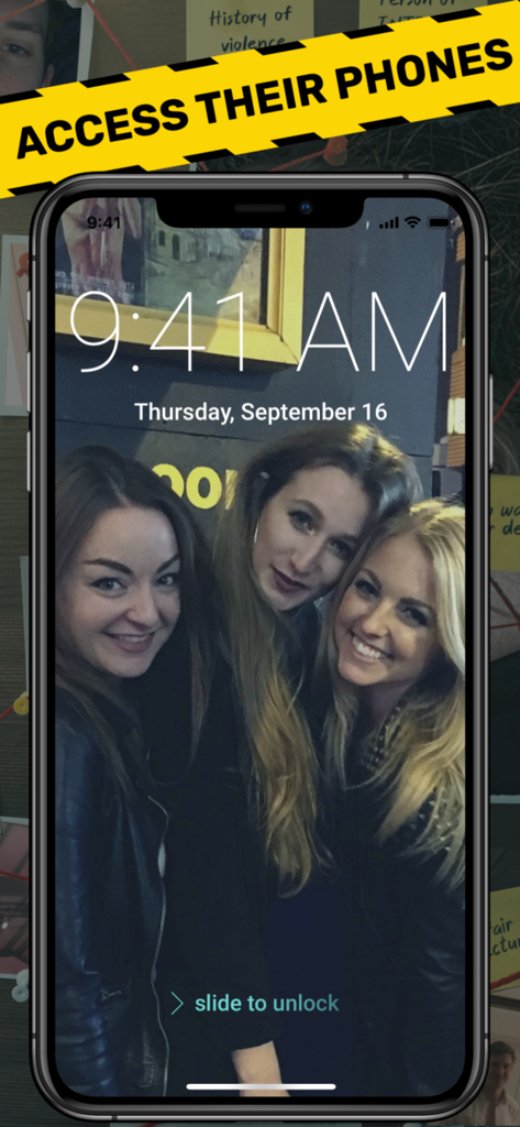 A smartphone lock screen showing a photo of three smiling women with a banner that reads Access Their Phones