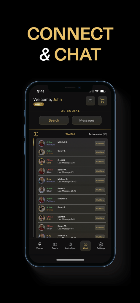 XS World - XS World app social chat interface showing VIP members for premium networking.