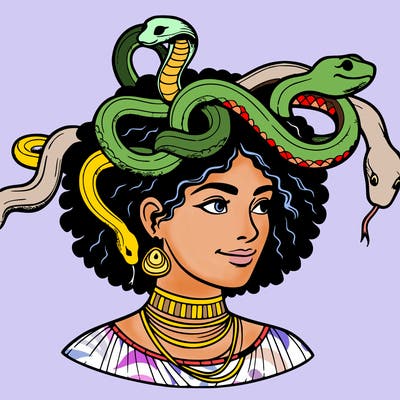 realistic woman snakes on head