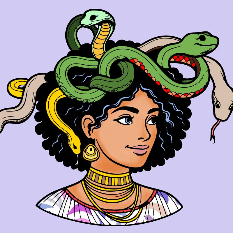 realistic woman snakes on head