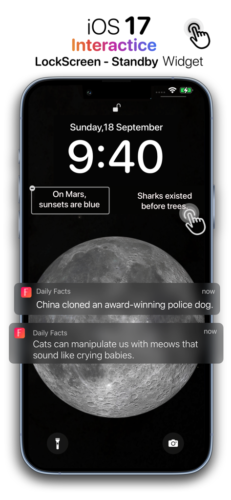 Aplicativo Daily Random Facts mostrando widgets interativos de tela de bloqueio e standby em um iPhone rodando iOS 17