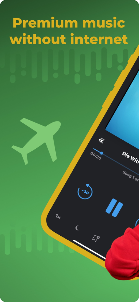 Premium Music Offline Player - A music player app interface showing offline playback features and an airplane mode icon