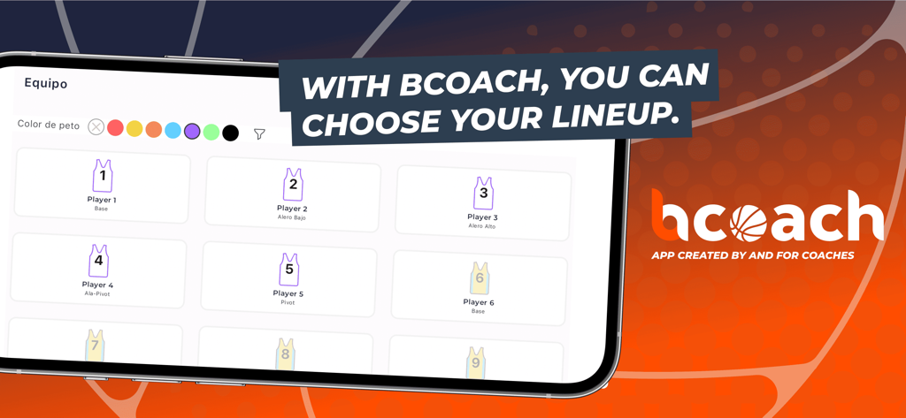 Interfaz de la aplicación de baloncesto Bcoach que muestra la gestión de la alineación y las posiciones de los jugadores