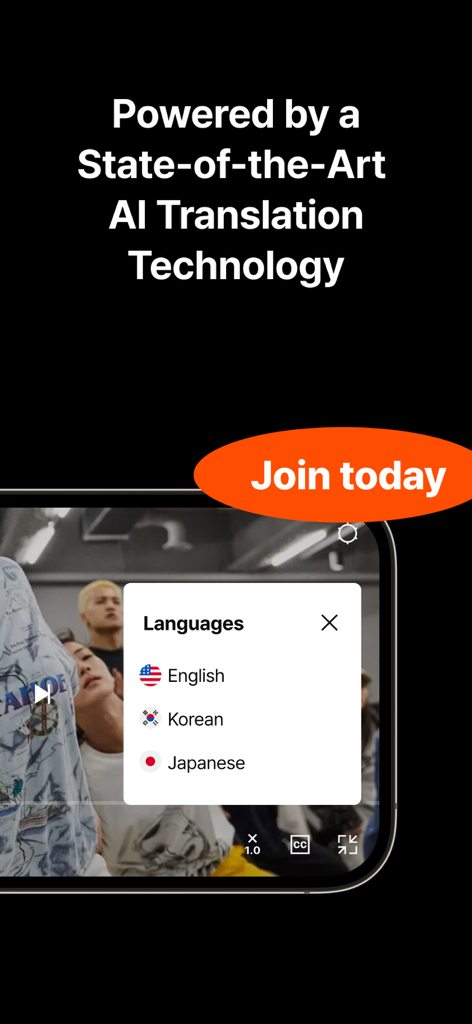 Tela de smartphone mostrando as configurações de idioma do CLASS101 para tradução de vídeo em inglês, coreano e japonês alimentada por IA.