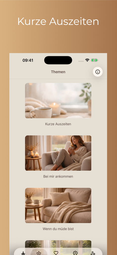 Entspann dich App interface showing relaxation categories like Short Breaks and Arriving at Myself