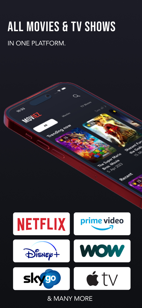 Moviez app interface on a smartphone showing trending movies and various streaming service logos
