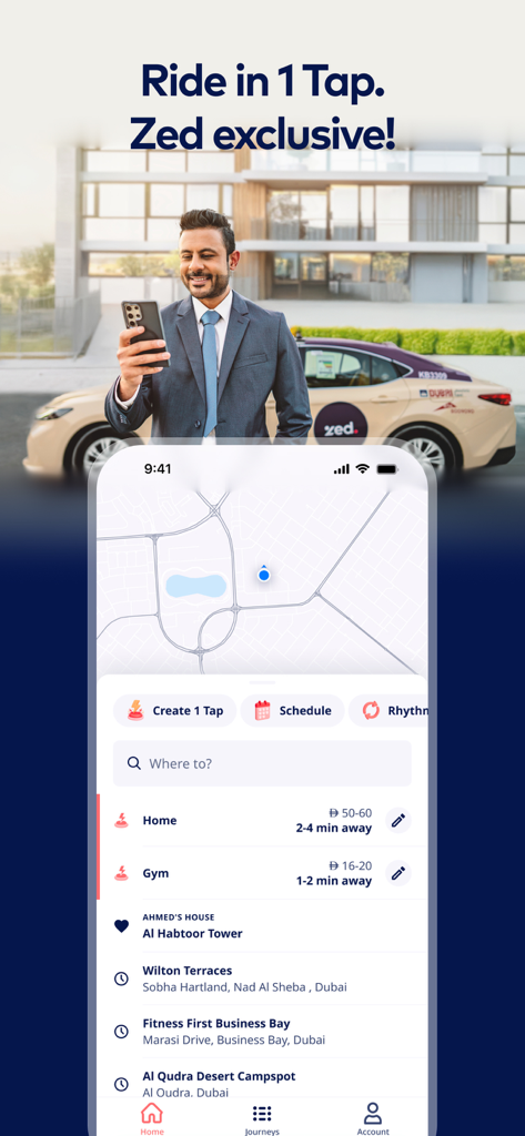 Um smartphone a mostrar a interface da aplicação de táxi Zed com opções de reserva com um toque e viagens agendadas no Dubai.