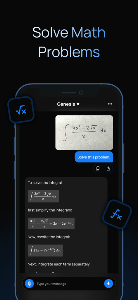Genesis AI app screen displaying a step by step solution for a handwritten math integral