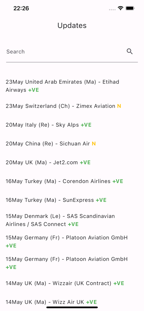 Handybildschirm mit Airline-Rekrutierungsnachrichten und Einstellungsstatus-Updates für Piloten