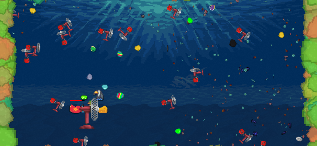 Leaf Blower Revolution - Captura de pantalla pixel art de Leaf Blower Revolution mostrando múltiples sopladores mecánicos en un entorno submarino azul profundo