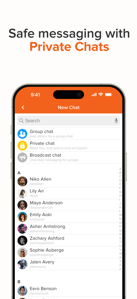 Voxer Walkie Talkie Messenger - Schermata dell'app Voxer che mostra l'opzione chat private e l'elenco dei contatti per messaggistica sicura