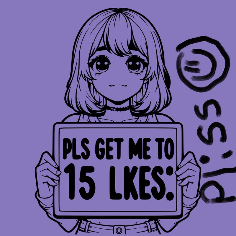 realistic girl holding up a sign that says “pls get me to 15 likes!”