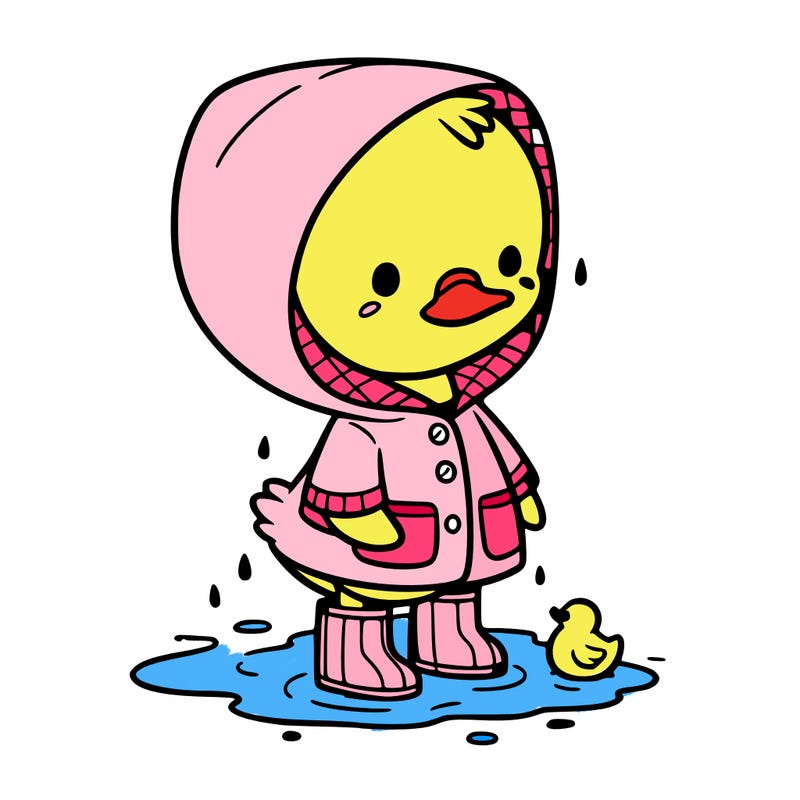 baby duck in a rain coat and boots, in a puddle while it’s raining