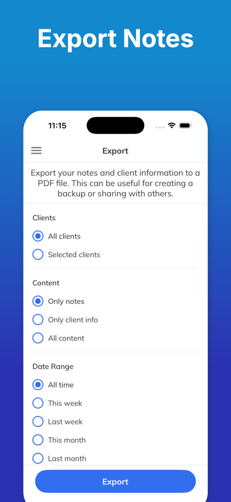 A screenshot of the Client Note Tracker app showing options to export notes and client information to a PDF file.