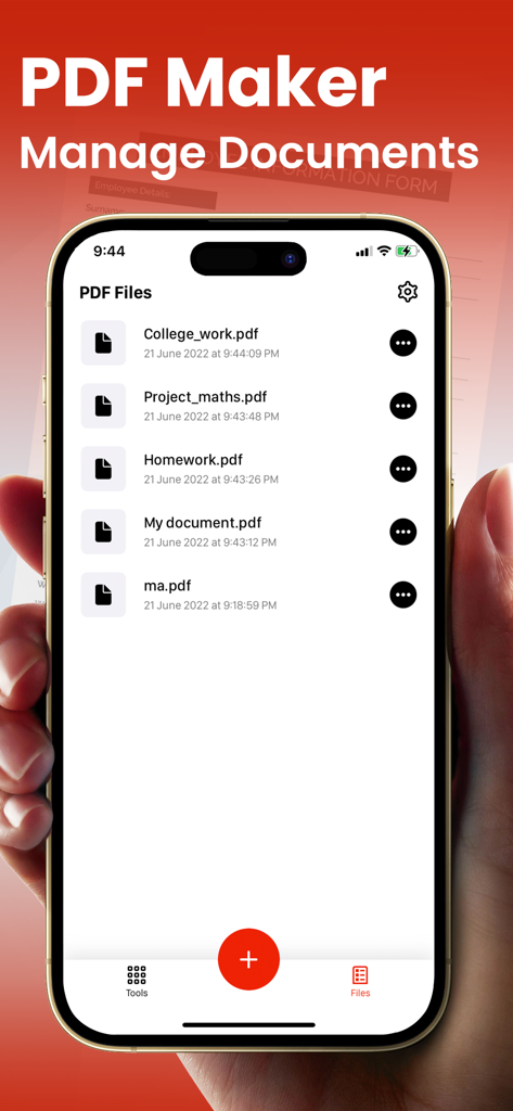 PDF Converter - Image to PDF . - An iPhone displaying the document management screen of the PDF Maker app with a list of saved PDF files.