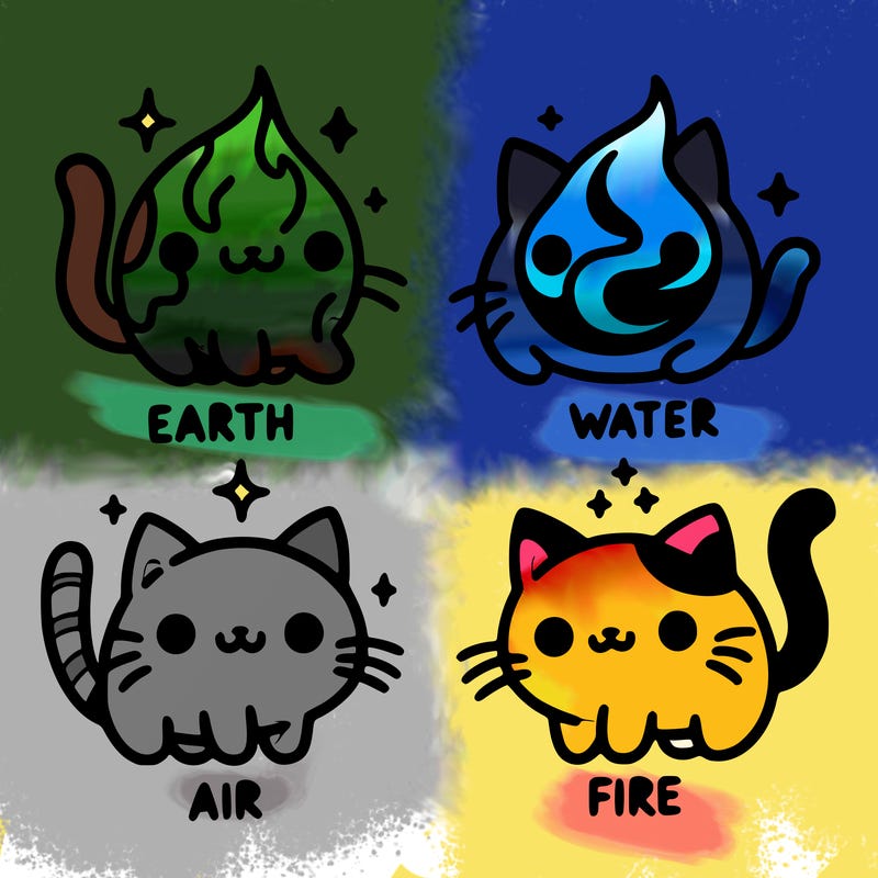4 cats that represent the different elements, earth, water, air, and fire