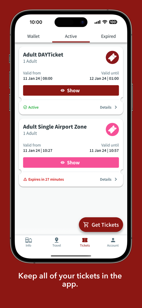 Cartera digital en la aplicación Bus and Tram que muestra billetes activos de día y de zona de aeropuerto para el transporte de Edimburgo