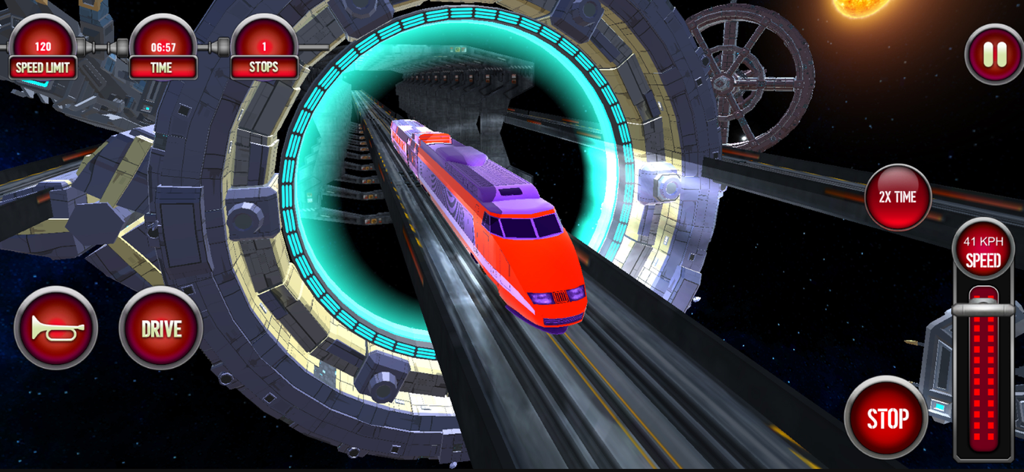Un tren futurista rojo conduciendo a través de un portal cósmico brillante en el espacio