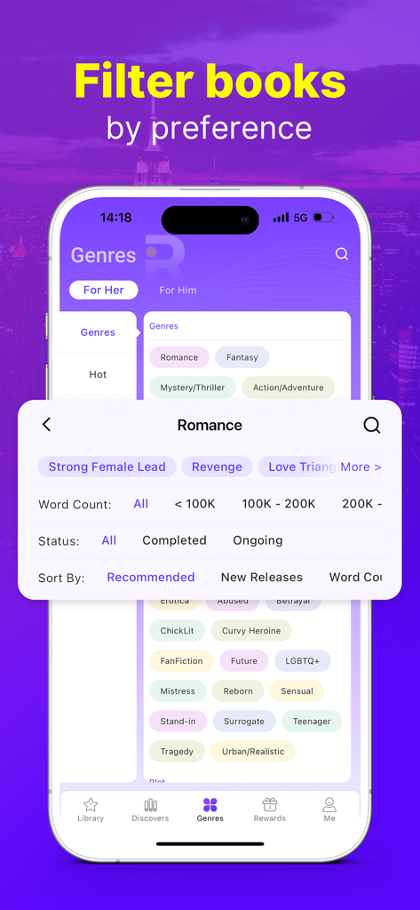 Readink – Stories & Books - Readink app screen showing options to filter books by genre word count and status
