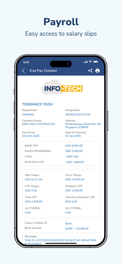 Mobile application screen showing a detailed employee payroll salary slip