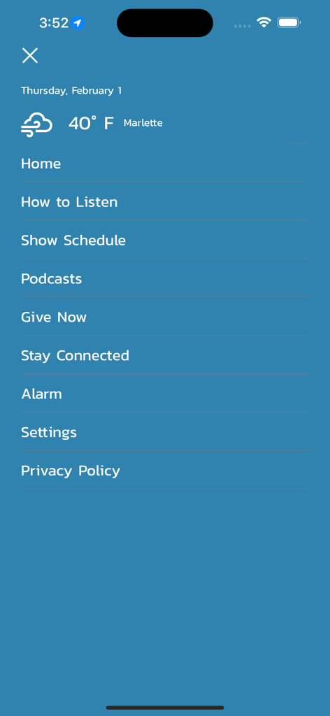 Navigation menu of the Michigan Public radio app showing options for podcasts, show schedules, and local weather.