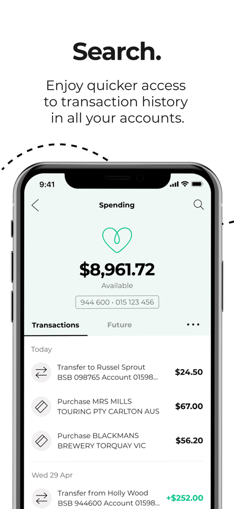 ME Bank - ME Bank mobile app interface showing transaction history and account balance
