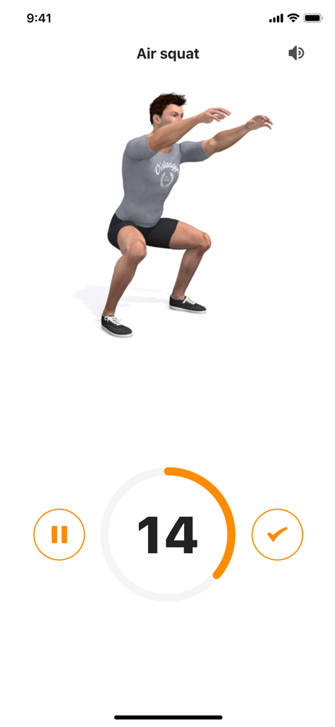 Un personaje 3D demostrando una sentadilla al aire con un temporizador en la aplicación Hashtag Fitness.