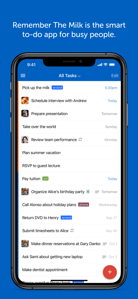 Remember The Milk: To-Do List - Remember The Milk mobile app interface showing a list of organized tasks with labels and due dates