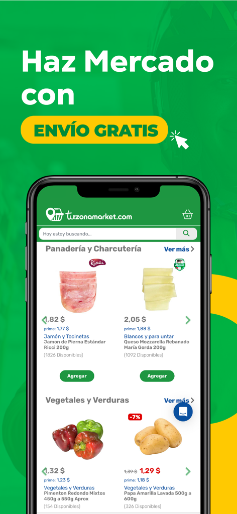 Tu Zona Market - Mobile interface of Tu Zona Market app showing grocery categories and free shipping promotion