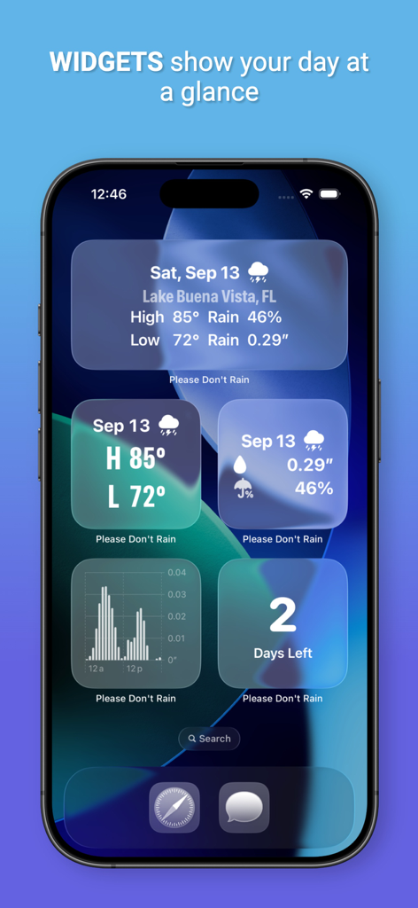 Please Don't Rain - Fünf iPhone-Widgets der Bitte nicht regnen App, die Wetterdaten und einen Countdown für ein bestimmtes Veranstaltungsdatum anzeigen