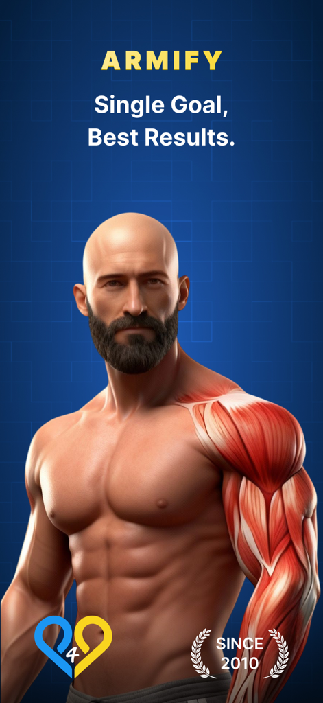 P4P Armify: Arm Workout - Pantalla de inicio de la app de fitness Armify con un personaje 3D musculoso resaltando los músculos de brazos y hombros